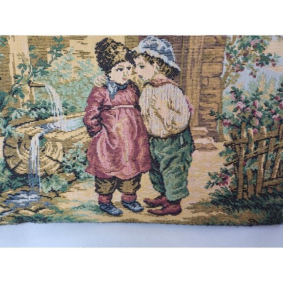 Antique Woven Tapestry Children In Garden Evening Purse Makeup Case Victorian - Picture 2 of 5